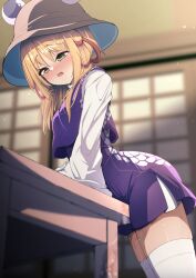 Rule 34 | 1girl, absurdres, arched back, blonde hair, blush, breasts, brown hat, clothed masturbation, commentary request, crotch rub, d:, darumoon, female masturbation, furrowed brow, hair ribbon, half-closed eyes, hat, high-waist skirt, highres, horizontal pupils, indoors, long hair, long sleeves, looking ahead, masturbation, masturbation through clothes, miniskirt, moriya suwako, nose blush, open mouth, parted bangs, purple skirt, purple vest, pussy juice, pussy juice stain, red ribbon, ribbon, skirt, skirt set, small breasts, solo, table, table humping, teeth, thighhighs, thighs, touhou, upper teeth only, vest, white thighhighs, wide sleeves