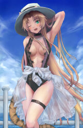 Rule 34 | 1girl, ;d, animal ears, arknights, arm up, armpits, awayuki tobari, blonde hair, blue sky, blush, breasts, center opening, curly hair, day, ears through headwear, fang, fence, green eyes, groin, hat, highres, jewelry, long hair, looking at viewer, medium breasts, necklace, one eye closed, open mouth, outdoors, pearl necklace, sky, smile, solo, swimsuit, swire (arknights), tail, teeth, thigh strap, tiger ears, tiger girl, tiger tail, unbuttoned, upper teeth only, very long hair, white hat