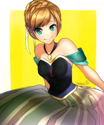 Rule 34 | 1girl, anna (frozen), bad id, bad pixiv id, bare shoulders, braid, frozen (disney), green eyes, hair ribbon, hair up, looking at viewer, maianh, orange hair, ribbon, simple background, smile, solo