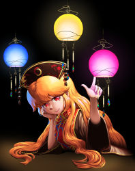 Rule 34 | 1girl, black background, black dress, black hat, bow, bowtie, breasts, chinese clothes, closed mouth, crescent, dress, hand on own face, hand up, hat, highres, junko (touhou), lamp, light, long hair, long sleeves, looking up, medium breasts, okema, orange hair, pointing, pom pom (clothes), red eyes, red vest, shadow, simple background, sitting, smile, solo, tabard, table, touhou, vest, wide sleeves, yellow bow, yellow bowtie
