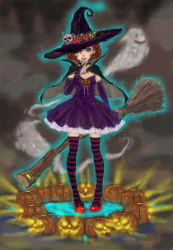 Rule 34 | bad id, bad pixiv id, berry, blue eyes, bridal gauntlets, broom, brown hair, capelet, detached sleeves, dress, finger to mouth, ghost, glowing, halloween, hat, heart, ponsuke (pon00000), pumpkin, purple thighhighs, red footwear, shoes, short hair, skull, smile, striped clothes, striped legwear, striped thighhighs, thighhighs, witch, witch hat