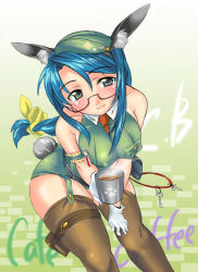 Rule 34 | 1girl, blue hair, glasses, myouga, ribbon, solo, tail, thighhighs