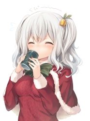 Rule 34 | 10s, 1girl, aran sweater, bell, blush, bow, breasts, cable knit, can, capelet, christmas, closed eyes, drinking, flying sweatdrops, green bow, hair bell, hair ornament, highres, holding, holding can, kantai collection, kashima (kancolle), komeshiro kasu, medium breasts, santa costume, silver hair, solo, sweater, twintails, upper body