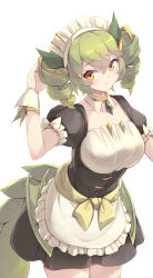 1girl absurdres black_dress breasts collarbone cowboy_shot dragon_girl dragon_horns dragon_tail dress drill_hair duel_monster green_hair green_tail highres horns kanzakietc large_breasts long_hair maid maid_headdress parlor_dragonmaid simple_background solo tail twin_drills white_background yellow_eyes yu-gi-oh!