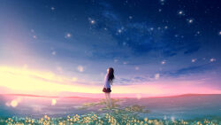 Rule 34 | 1girl, absurdres, arms at sides, bare legs, black hair, black skirt, dusk, evening, facing away, flower, from side, furi0831, galaxy, highres, landscape, leaning back, legs apart, light particles, long hair, long sleeves, milky way, miniskirt, mountainous horizon, nature, night, night sky, original, scenery, shirt, sidelocks, skirt, sky, solo, standing, star (sky), starry sky, water, white shirt, yellow flower