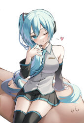 Rule 34 | 1girl, absurdres, alternate hairstyle, bare shoulders, black skirt, black thighhighs, blue eyes, blue hair, blush, hatsune miku, heart, highres, long hair, momyong, one eye closed, pleated skirt, shirt, side ponytail, simple background, sitting, skirt, smile, solo, thighhighs, very long hair, vocaloid, white background, white shirt