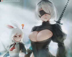 Rule 34 | 2girls, ?, animal ears, black blindfold, blindfold, breasts, bursting breasts, cleavage, cleavage cutout, clothing cutout, commentary, dress, final fantasy, final fantasy xiv, gray bear, hairband, juliet sleeves, katana, large breasts, long hair, long sleeves, looking at another, mole, mole under mouth, multiple girls, nier (series), nier:automata, puffy sleeves, rabbit ears, red eyes, short hair, skindentation, sword, viera, weapon, white hair, 2b (nier:automata)
