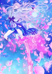 Rule 34 | 10s, 1girl, bad id, bad pixiv id, blue background, blue eyes, blue flower, blue gloves, blue rose, blue skirt, boots, bow, brooch, cure moonlight, flower, full body, gloves, gradient background, hair flower, hair ornament, heart, heart brooch, heartcatch precure!, henshin, highres, jewelry, knee boots, long hair, magical girl, nagamimi (wara-wa), petals, precure, purple bow, purple hair, rose, single glove, skirt, solo, transformation, tsukikage yuri, waist bow, wrist cuffs