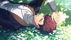 Rule 34 | 1boy, a3!, arm up, bishounen, black jacket, blurry, brown hair, dappled sunlight, day, depth of field, field, flower, flower field, formal, fushimi omi, grass, hand on own head, high collar, highres, jacket, jewelry, leaf, light particles, long sleeves, looking afar, lying, male focus, mandarin collar, necklace, on back, on ground, open hand, orange eyes, outdoors, scar, scar on face, shadow, shirt, short hair, signature, soft focus, solo, sparkle, straight hair, suit jacket, sunlight, tooaya, upper body, white flower, white shirt, yellow eyes, yellow flower
