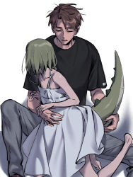Rule 34 | 2boys, barefoot, black shirt, brown eyes, brown hair, closed eyes, cropped legs, double-parted bangs, dragon boy, dragon tail, dress, flat chest, full body, green hair, grey pants, hana (adey), hand on another&#039;s arm, henry (adey), highres, medium hair, multiple boys, open mouth, original, pants, shadow, shirt, short hair, sitting, spiked hair, spread legs, tail, ten (lu2948d), trap, white background, white dress