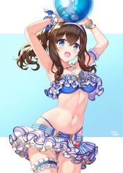 Rule 34 | 1girl, :o, alternate hairstyle, arm up, armband, arms up, artist name, ball, beachball, bikini, bikini skirt, bikini top only, blue bikini, blue bow, blue eyes, blue ribbon, blush, bow, bow bikini, bracelet, breasts, brown hair, cleavage, curly hair, frilled bikini, frilled bikini top, frills, hair between eyes, hair ribbon, hamahama, headband, heart, heart necklace, highres, holding, holding ball, idolmaster, idolmaster cinderella girls, jewelry, large breasts, long hair, looking at viewer, navel, necklace, open mouth, ponytail, ribbon, sagisawa fumika, signature, single wrist cuff, smile, solo, stomach, swimsuit, thigh strap, wrist cuffs
