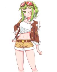 Rule 34 | 1girl, aegissanp, belt, blush, brown jacket, brown shorts, commentary, contrapposto, detached collar, english commentary, feet out of frame, goggles, goggles on head, green eyes, green hair, gumi, hand on own hip, highres, jacket, looking at viewer, one eye closed, patch, patchwork clothes, red goggles, shirt, short shorts, shorts, smile, solo, standing, tied shirt, twitter username, vocaloid, white background, white shirt