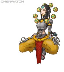 Rule 34 | 1girl, absurdres, adapted costume, android, breasts, cyborg, closed eyes, fingers together, floating, full body, genderswap, genderswap (mtf), highres, humanoid robot, medium breasts, muhut, omnic, orb, overwatch, overwatch 1, pants, parody, pelvic curtain, robot, simple background, sitting, solo, title parody, white background, zenyatta (overwatch)