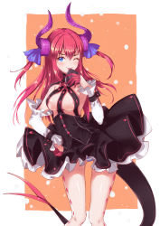 Rule 34 | 1girl, alternate breast size, asymmetrical horns, blue eyes, blush, breasts, curled horns, detached sleeves, dragon girl, dragon horns, dragon tail, dress, elizabeth bathory (fate), elizabeth bathory (fate/extra ccc), elizabeth bathory (first ascension) (fate), fate/grand order, fate (series), hair between eyes, hair ribbon, hand on own hip, highres, horizontal-striped panties, horns, licking, long hair, long sleeves, medium breasts, one eye closed, open mouth, panties, pantyshot, purple ribbon, red hair, ribbon, sleeveless, sleeveless dress, solo, striped clothes, striped panties, tail, tenmoon, two side up, underwear, uneven horns