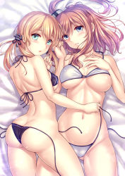 Rule 34 | 2girls, anchor hair ornament, aqua eyes, ass, bed, bikini, bikini pull, black bikini, blonde hair, blue eyes, blush, breasts, brown hair, clothes pull, covered erect nipples, hair ornament, hair ribbon, kantai collection, large breasts, long hair, lying, medium breasts, multiple girls, on back, on bed, on side, open mouth, panties, ponytail, prinz eugen (kancolle), ribbon, ryu-akt, saratoga (kancolle), side-tie panties, side ponytail, sidelocks, smokestack, smokestack hair ornament, swimsuit, twintails, underwear, white bikini
