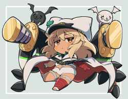 Rule 34 | 1girl, bandaged arm, bandages, blonde hair, cape, chibi, clover, dark-skinned female, dark skin, floating, floating object, floating sword, floating weapon, four-leaf clover, guilty gear, guilty gear strive, hair between eyes, highres, itsuka neru, long hair, looking at viewer, lucifero (guilty gear), orange eyes, ramlethal valentine, red bandage, short shorts, shorts, simple background, sword, thigh strap, weapon, white headwear, white shorts