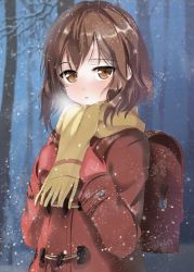 Rule 34 | 1girl, backpack, bag, blush, boku dake ga inai machi, breath, brown eyes, brown hair, coat, commentary, female focus, forest, highres, hinazuki kayo, looking at viewer, mittens, muyue, nature, night, outdoors, parted lips, randoseru, red coat, red mittens, scarf, short hair, sidelocks, snowing, solo, standing, toggles, upper body, yellow neckwear, yellow scarf