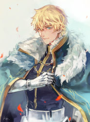 Rule 34 | 1boy, armor, black gloves, blonde hair, blue cape, blue eyes, cape, collared cape, excalibur galatine (fate), fate/extra, fate/grand order, fate (series), fisheep, fur collar, gauntlets, gawain (fate), gloves, knight, knights of the round table (fate), light smile, long sleeves, looking at viewer, male focus, short hair, signature, smile, solo, upper body