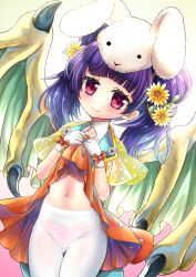 Rule 34 | 1girl, absurdres, alternate costume, animal ears, animal hat, bloom, blunt bangs, bow, capelet, closed mouth, clothes lift, coattails, collarbone, cowboy shot, dragon girl, dragon wings, dress, fake animal ears, fire emblem, fire emblem: the sacred stones, fire emblem heroes, floral print, flower, gloves, green wings, hair flower, hair ornament, hair tie, hands up, hat, high-waist skirt, highres, kiritaki, lapels, legs together, lifted by self, light smile, long hair, looking at viewer, magical girl, miniskirt, multi-tied hair, multicolored clothes, myrrh (fire emblem), navel, nintendo, official alternate costume, orange bow, orange dress, own hands together, pale skin, panties, panties under pantyhose, pantyhose, pink panties, polka dot, polka dot panties, purple hair, rabbit ears, rabbit hat, red eyes, ribbon, see-through, short dress, simple background, skirt, skirt lift, sleeveless, solo, standing, sunflower, thigh gap, twintails, two-sided fabric, underwear, vest, white background, white gloves, white pantyhose, wings, yellow vest, yellow wings