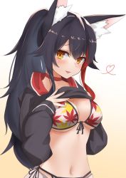 Rule 34 | 1girl, :d, bikini, black hair, breasts, clothes lift, highres, hololive, hood, hood down, hoodie, hoodie lift, large breasts, lifting own clothes, long hair, long sleeves, looking at viewer, micon, multicolored hair, navel, ookami mio, ookami mio (hololive summer 2019), open mouth, orange eyes, ponytail, red hair, smile, swimsuit, virtual youtuber