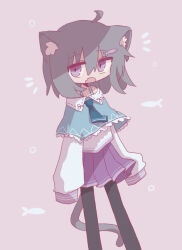Rule 34 | 1girl, ahoge, animal ear fluff, animal ears, bare shoulders, black pantyhose, blue capelet, blue necktie, capelet, cat ears, cat girl, cat tail, fang, feet out of frame, grey hair, hair between eyes, kanikan, long sleeves, looking at viewer, miniskirt, necktie, off shoulder, open mouth, original, pantyhose, pleated skirt, purple eyes, purple skirt, shirt, simple background, skin fang, skirt, sleeves past fingers, sleeves past wrists, solo, standing, tail, white shirt