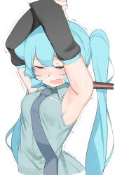 Rule 34 | 1girl, abmayo, aqua eyes, aqua hair, armpits, arms up, bare shoulders, black sleeves, commentary, cropped torso, detached sleeves, hair ornament, hatsune miku, highres, long hair, necktie, open mouth, sleeveless, solo, stretching, symbol-only commentary, trembling, twintails, vocaloid