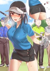 Rule 34 | 10s, 1girl, 3boys, absurdres, alternate costume, ass, bad id, bad pixiv id, black hair, black skirt, blue shirt, blue sky, blush, breasts, breath, collared shirt, commentary request, cowboy shot, crossed arms, day, glasses, gloves, golf, golf club, highres, kantai collection, kitazawa (embers), large breasts, leaning forward, legs apart, long hair, looking at viewer, medium breasts, miniskirt, multiple boys, nose blush, open mouth, outdoors, pencil skirt, polo shirt, shirt, short sleeves, skirt, sky, solo focus, standing, sweat, takao (kancolle), thighs, visor cap, white gloves
