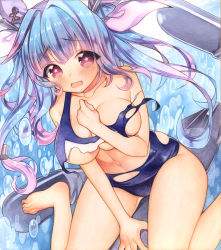Rule 34 | 10s, 1girl, barefoot, blue hair, breasts, highres, i-19 (kancolle), ichikawa noa, kantai collection, long hair, mugicha (mugicha0929), open mouth, red eyes, smile, solo, star-shaped pupils, star (symbol), swimsuit, symbol-shaped pupils, twintails