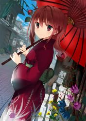 Rule 34 | 1girl, flower, japanese clothes, machimura komori, oil-paper umbrella, original, red eyes, red hair, solo, umbrella