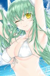 Rule 34 | 1girl, ;), armpits, arms up, bad id, bad pixiv id, bikini, blue sky, breasts, cleavage, cloud, collarbone, day, fate/grand order, fate (series), floating hair, front-tie bikini top, front-tie top, green hair, horns, kiyohime (fate), kiyohime (fate/grand order), kiyohime (swimsuit lancer) (fate), long hair, looking at viewer, medium breasts, morizono shiki, ocean, one eye closed, outdoors, ribbon, sideboob, sky, smile, solo, swimsuit, underboob, upper body, very long hair, white bikini, white ribbon, yellow eyes