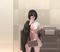 Rule 34 | 1girl, bag, black eyes, black hair, breasts, cellphone, handbag, jewelry, mask, mouth mask, necklace, off shoulder, original, paid reward available, phone, small breasts, smartphone, solo, thighhighs, tontekiss1, tontekiss (artist), white thighhighs, zettai ryouiki