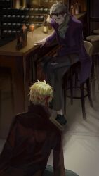 Rule 34 | 2boys, artist request, bandana, bar stool, black hair, blonde hair, bottle, brown jacket, chinese commentary, commentary request, cup, danitz (lord of the mysteries), dark, gehrman sparrow, glass, glasses, highres, jacket, klein moretti, kneeling, looking at another, lord of the mysteries, multiple boys, on stool, purple jacket, red bandana, shaded face, shadow, short hair, sitting, stool, wine bottle