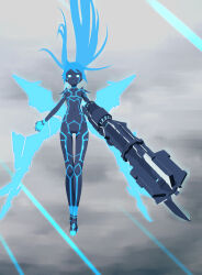 Rule 34 | 1girl, 32zzz, arm cannon, black rock shooter: dawn fall, black rock shooter (character), black skin, blue eyes, blue hair, colored skin, floating, glowing, glowing eyes, highres, levitation, long hair, mechanical wings, navel, parted lips, solo, twintails, uneven twintails, weapon, wings