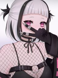 Rule 34 | 1girl, absurdres, belt, black gloves, black hair, bra, covered mouth, covering own mouth, fishnet top, fishnets, gloves, gradient background, hand on own face, hand to own mouth, highres, jacket, jewelry, necklace, neon kuroyuri, neon kuroyuri (artist), open clothes, open jacket, pink eyes, underwear, upper body, v, virtual youtuber, wactor production, white hair