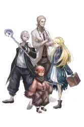 Rule 34 | 2boys, 2girls, belt, blonde hair, book, crossed arms, dress, glasses, highres, holding, holding staff, horns, long hair, looking at viewer, multiple boys, multiple girls, open book, original, pants, red eyes, red hair, scarf, shoes, short hair, simple background, size difference, staff, stethoscope, talons, test tube, touchika, white background, white hair