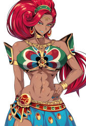 Rule 34 | 1girl, abs, armlet, armor, bare shoulders, blue lips, blue nails, blue skirt, blush, bracelet, breastplate, breasts, closed mouth, collarbone, curvy, dark skin, dark-skinned female, earrings, gerudo, gold, gold choker, green eyes, highres, jewelry, large breasts, long hair, nail polish, navel, nintendo, red hair, shimure (460), simple background, skirt, smile, solo, standing, the legend of zelda, the legend of zelda: breath of the wild, urbosa, white background