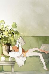 Rule 34 | 1girl, bare legs, barefoot, black hair, blanket, book, cactus, couch, cup, dog, eye contact, from side, highres, holding, holding book, indoors, long sleeves, looking at another, lying, mug, noses touching, oddxegg0, on back, orange shorts, original, pillow, plant, potted plant, profile, puppy, shirt, short hair, shorts, table, white shirt
