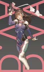 Rule 34 | 1girl, ;), bodysuit, brown eyes, brown hair, character name, d.va (overwatch), facial mark, finger on trigger, gloves, gun, head tilt, headphones, highres, image sample, jpeg artifacts, long hair, looking at viewer, one eye closed, overwatch, overwatch 1, pilot suit, smile, smoke, solo, timbougami, weapon, whisker markings, white gloves