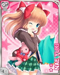 Rule 34 | 1girl, :d, argyle, argyle clothes, argyle legwear, blue eyes, bow, bowtie, brown coat, brown hair, card (medium), coat, fabric, girlfriend (kari), hair bow, looking at viewer, mary janes, official art, one eye closed, open mouth, pink background, plaid, plaid skirt, qp:flapper, ribbon, school uniform, shoes, skirt, smile, solo, stuffed animal, stuffed rabbit, stuffed toy, tagme, teddy bear, thighhighs, two side up, white thighhighs, wink, yuuki nae