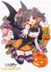 Rule 34 | &gt;:d, 10s, 1girl, :d, bat wings, blush, drill hair, ghost, halloween, happy halloween, horns, idolmaster, idolmaster cinderella girls, jack-o&#039;-lantern, kanzaki ranko, long hair, open mouth, pumpkin, red eyes, silver hair, single horn, smile, solo, striped clothes, striped thighhighs, thighhighs, tsukigami runa, twin drills, twintails, underbust, v-shaped eyebrows, wings