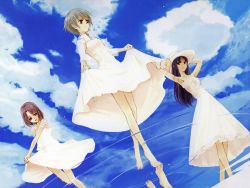 Rule 34 | 3girls, barefoot, clothes lift, day, dress, dress lift, feet, hat, highres, multiple girls, ooyari ashito, reflection, reflective water, sky, walking, water, white dress