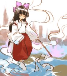 Rule 34 | 1girl, brown hair, character request, check character, closed eyes, closed mouth, commentary request, flat chest, full body, gohei, hair ribbon, hakurei reimu, holding, holding gohei, japanese clothes, kaigen 1025, kimono, long hair, no nose, pants, purple ribbon, red pants, ribbon, ribbon-trimmed kimono, ribbon-trimmed sleeves, ribbon trim, sleeveless, sleeveless kimono, sleeves past fingers, sleeves past wrists, smile, socks, touhou, white kimono, white sleeves, white socks