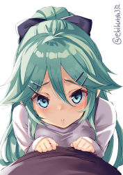Rule 34 | 1girl, alternate costume, aqua eyes, black ribbon, blue eyes, blush, breasts, commentary request, ebifurya, green hair, hair between eyes, hair flaps, hair ornament, hair ribbon, hairclip, highres, kantai collection, large breasts, long hair, looking at viewer, open mouth, ponytail, pov, ribbon, simple background, sleeves past wrists, solo focus, sweater, tears, thighhighs, twitter username, white background, white sweater, yamakaze (kancolle)