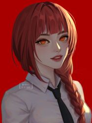 Rule 34 | 1girl, artist name, black necktie, blunt bangs, braid, chainsaw man, collared shirt, eyelashes, formal, hair over shoulder, highres, looking at viewer, makima (chainsaw man), necktie, portrait, red background, red hair, red lips, ringed eyes, shirt, silphori, simple background, single braid, smile, solo, watermark, white shirt, yellow eyes