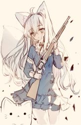 Rule 34 | 1girl, ahoge, animal, animal ear fluff, animal ears, blue dress, blush, brown background, cat, commentary request, dress, fox ears, fox girl, fox tail, gun, hair between eyes, hair intakes, highres, holding, holding gun, holding weapon, long hair, long sleeves, looking away, looking to the side, original, parted lips, ping myu ring (tandohark), rifle, simple background, solo, tail, tandohark, very long hair, weapon, weapon request