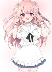 Rule 34 | 1girl, black bow, blush, bow, clothing cutout, cowboy shot, dress, flower, frilled sailor collar, frills, gradient background, hair flower, hair ornament, hair ribbon, hands up, highres, indie virtual youtuber, kohanai momomi, long hair, looking at viewer, nanakusa miya, open mouth, pink background, pink eyes, pink hair, ribbon, sailor collar, shoulder cutout, smile, solo, thighhighs, two side up, virtual youtuber, white dress, white ribbon, white sailor collar, white thighhighs, wrist cuffs