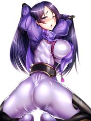 Rule 34 | 1girl, armor, ass, blush, bodysuit, breasts, covered erect nipples, fate/grand order, fate (series), impossible clothes, kneeling, large breasts, long hair, looking at viewer, looking back, minamoto no raikou (fate), naughty face, open mouth, parted lips, purple eyes, purple hair, shiny clothes, sideboob, silly (marinkomoe), smile, sweat, very long hair