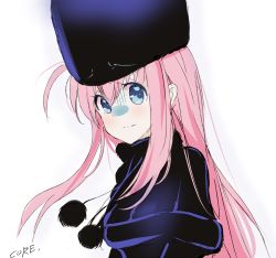 Rule 34 | 1girl, black dress, black hat, blue eyes, bocchi the rock!, closed mouth, core (mayomayo), cosplay, dress, fur hat, ginga tetsudou 999, gotoh hitori, hair between eyes, hat, highres, long hair, looking at viewer, maetel, maetel (cosplay), pink hair, portrait, scared, simple background, solo, white background