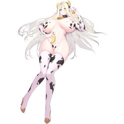 Rule 34 | 1girl, animal print, banana, bell, blonde hair, blue eyes, bodypaint, boots, breasts, cerestia of life, circlet, collar, cow horns, cow print, cowbell, ear piercing, ear tag, elbow gloves, elf, food, fruit, full body, game cg, gloves, hair between eyes, highres, horns, huge breasts, last origin, long hair, long pointy ears, neck bell, nipples, official art, piercing, pointy ears, snowball22, solo, tachi-e, tag, thigh boots, thighhighs, transparent background, very long hair