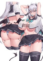 Rule 34 | 1girl, ahoge, arms up, ass, black choker, black skirt, black thighhighs, blue bow, blue eyes, bow, breasts, butt crack, choker, commentary, commission, crop top, from behind, grey hair, grin, hair between eyes, highres, horns, indie virtual youtuber, kuavera, large breasts, long hair, looking at viewer, midriff, miniskirt, multiple views, navel, panties, parted lips, pleated skirt, police, short sleeves, simple background, skirt, smile, stomach, striped clothes, striped panties, thick thighs, thighhighs, thighs, underwear, vei (vtuber), very long hair, virtual youtuber, white background